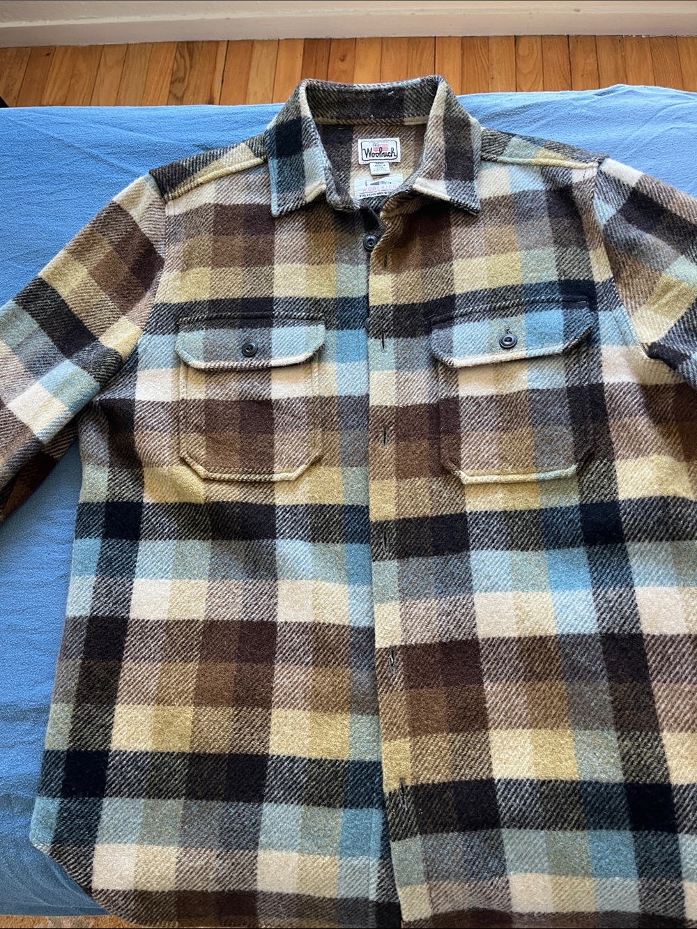 Woolrich Blue, Brown & Cream Plaid Wool Overshirt
